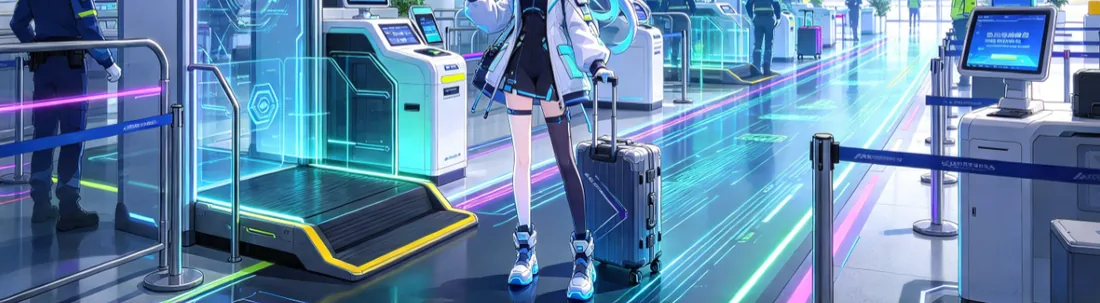 机场安检通道里的少女与机器人的动漫风插画(下半)
